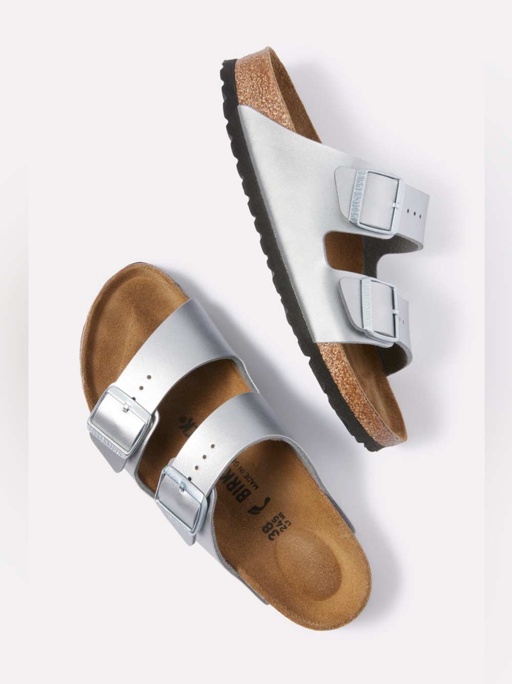 Birkenstock Arizona Silver Metallic Buckle Double Strap Slide Sandals Size 40